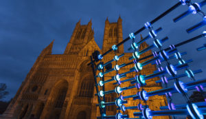 Light installation outside Lincoln Cathedral