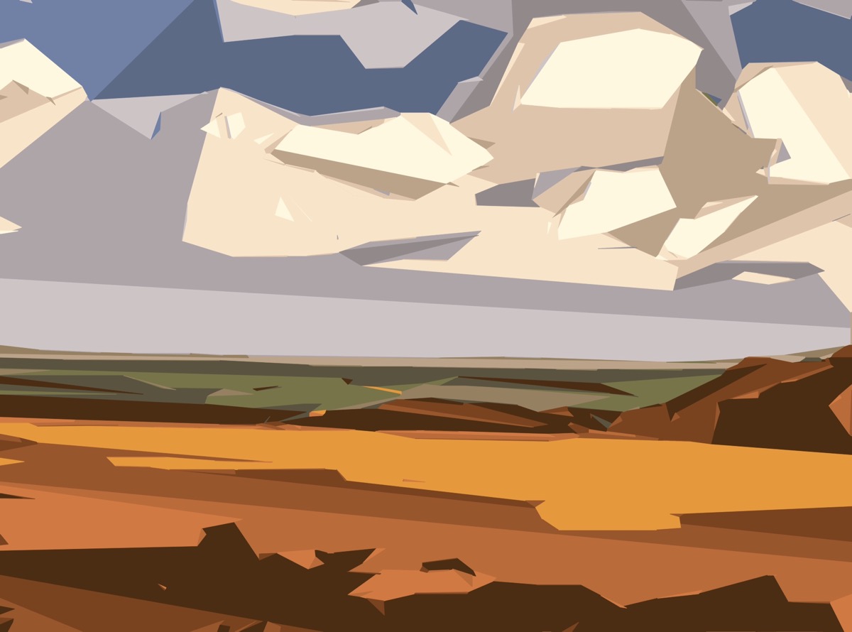 Image of a digitally created landscape with sand and mud coloured strata next to green, grey, white and blue shapes