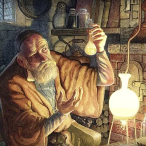 alchemist looking at potion