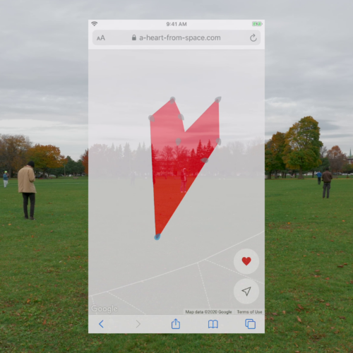 field with people standing in it and a mobile phone screen overlay with a red shape on a map