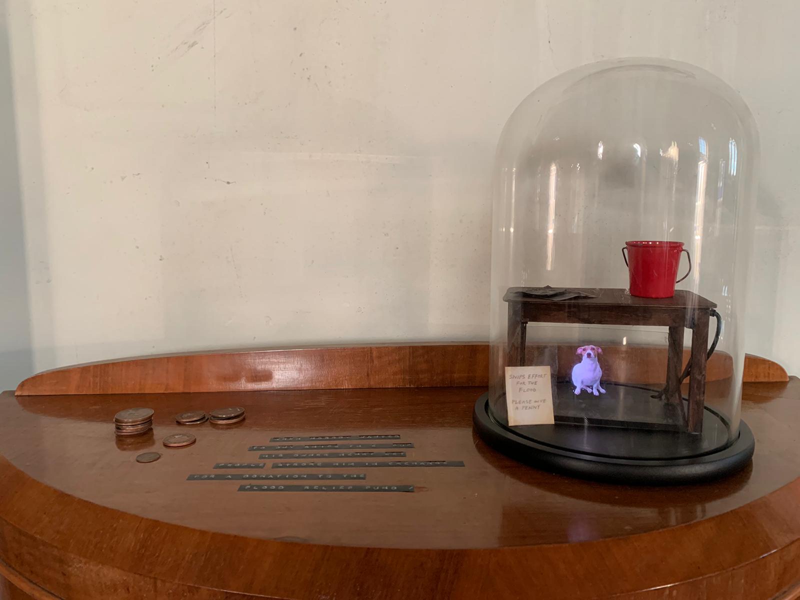 wooden side table with a peppers ghost of a dog inside a glass dome