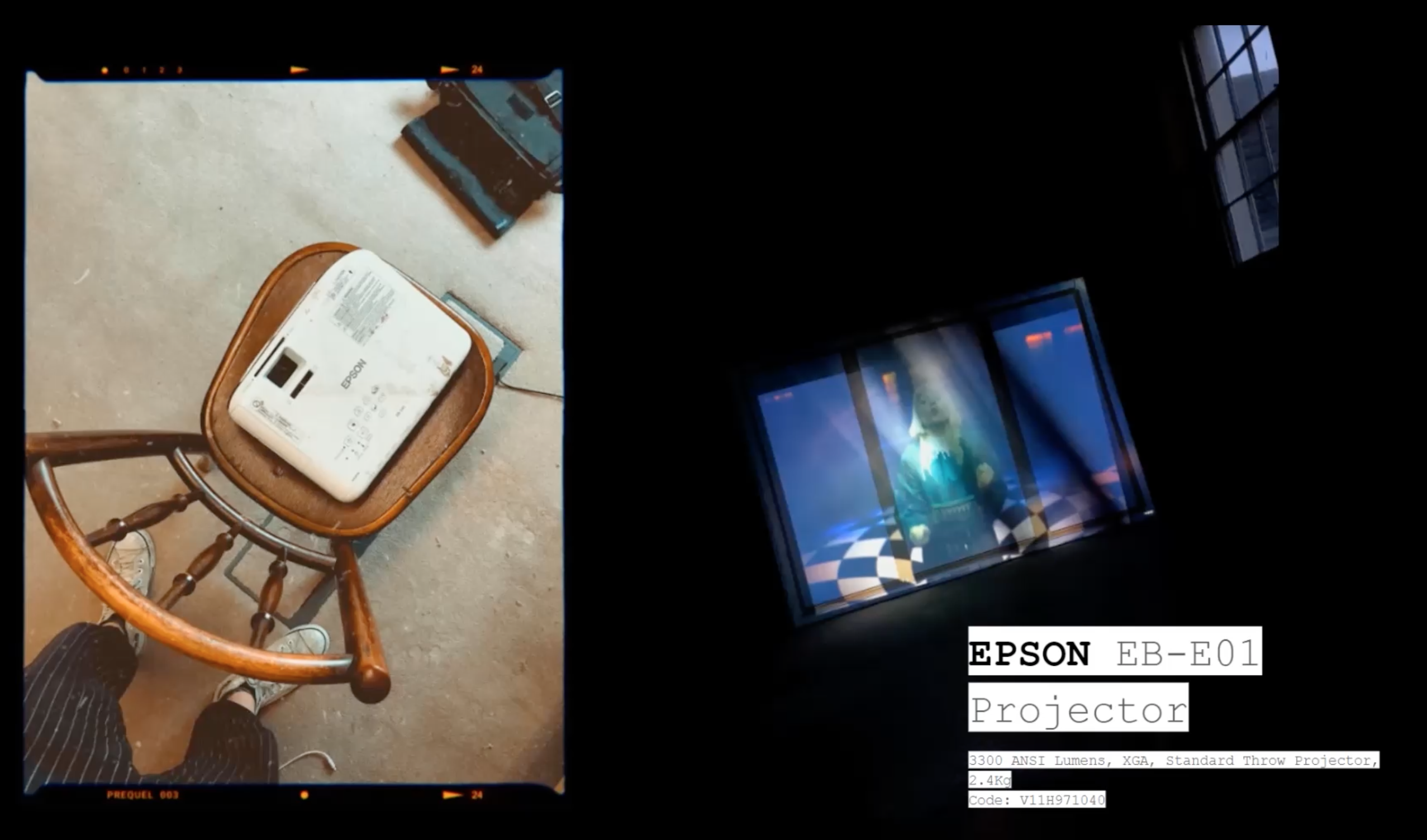 image of projector on a chair to the left and a projected image to the right