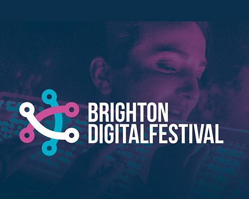 Brighton festival logo over a pink and blue background with faces