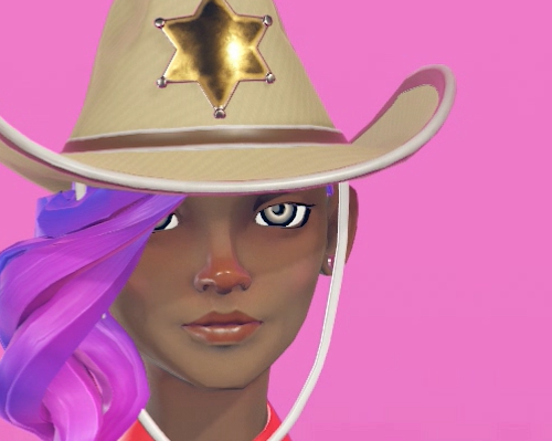 avatar of a black woman with pink hair wearing a cowboy hat