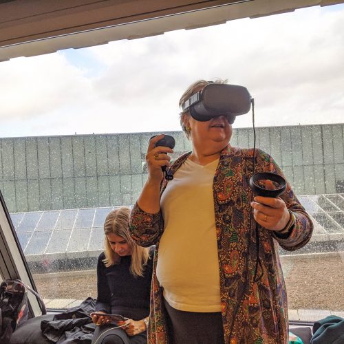 middle aged woman wearing VR headset and holding controllers in front of a window