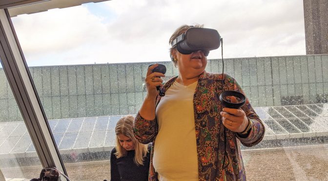 middle aged woman wearing VR headset and holding controllers in front of a window