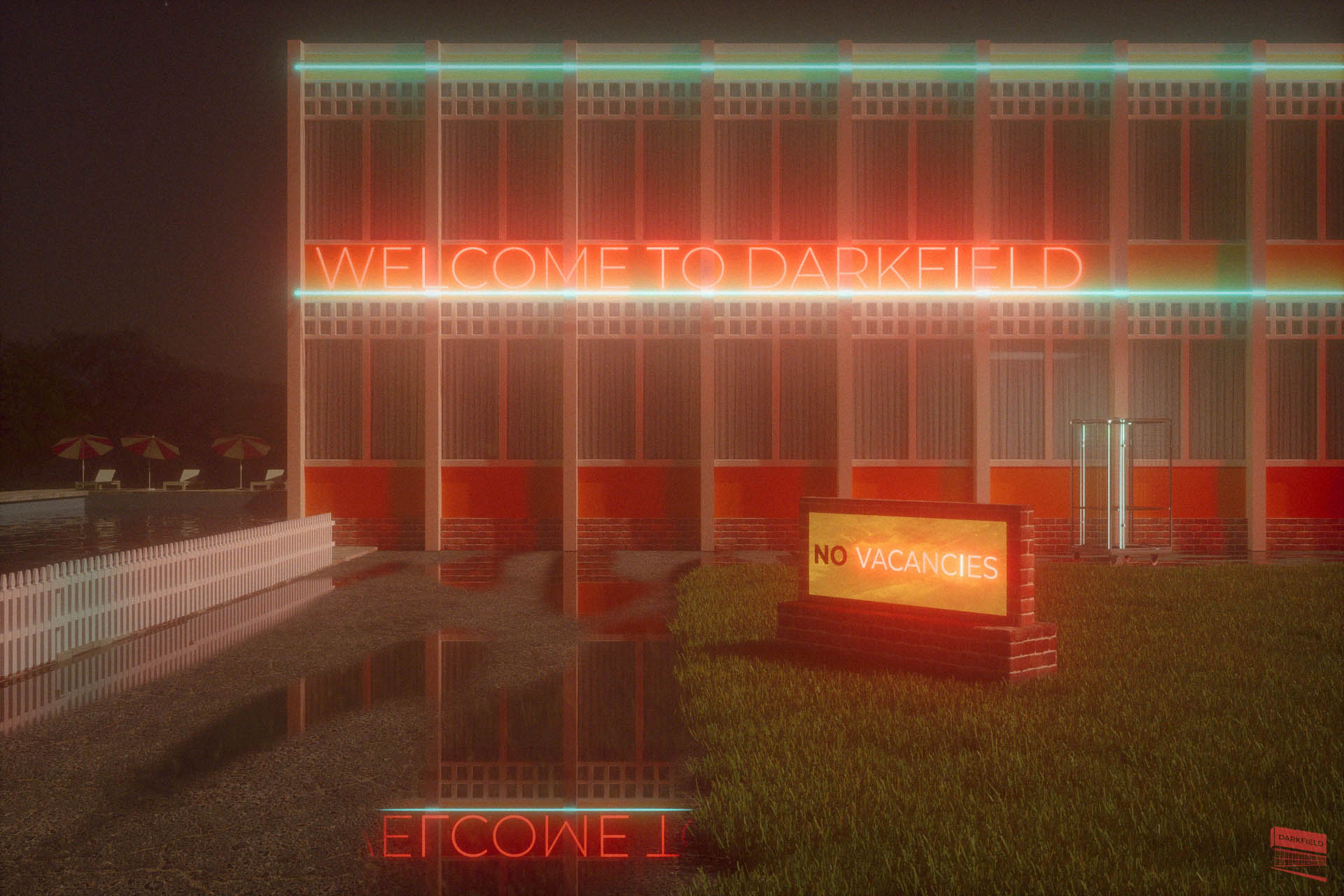 EULOGY, DARKFIELD digital image of exterior of hotel, with a red neon sign saying Welcome to Darkfield
